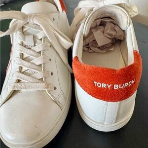 Tory Burch White leather and Orange suede accent Sneakers